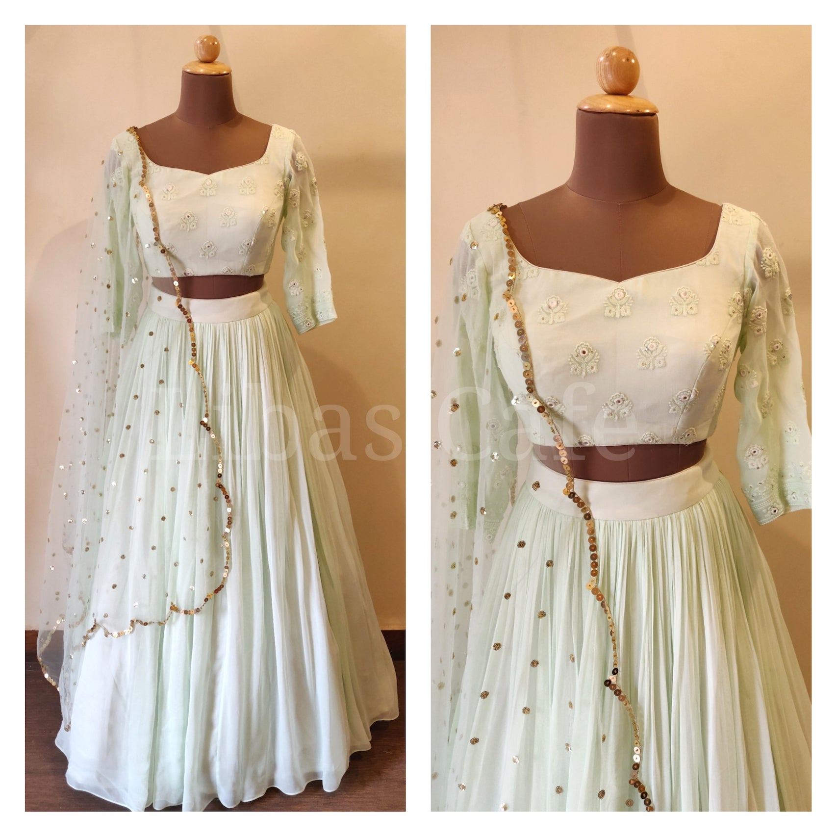 Pastel Green Lakhnavi Top-georgette Skirt